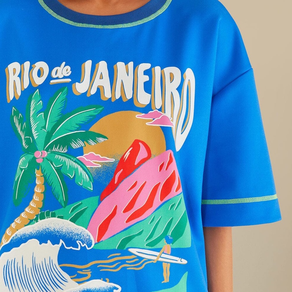 New FARM Rio Blue Graphic Short Sleeve Tee Tropical Vibrant Color Relaxed Small - Picture 3 of 11